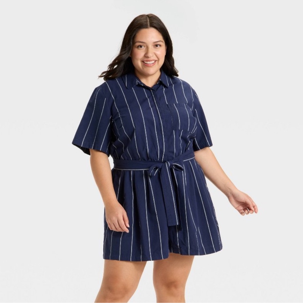 Women's Short Sleeve Belted Romper - Ava & Viv Navy Blue Pinstripe 2X